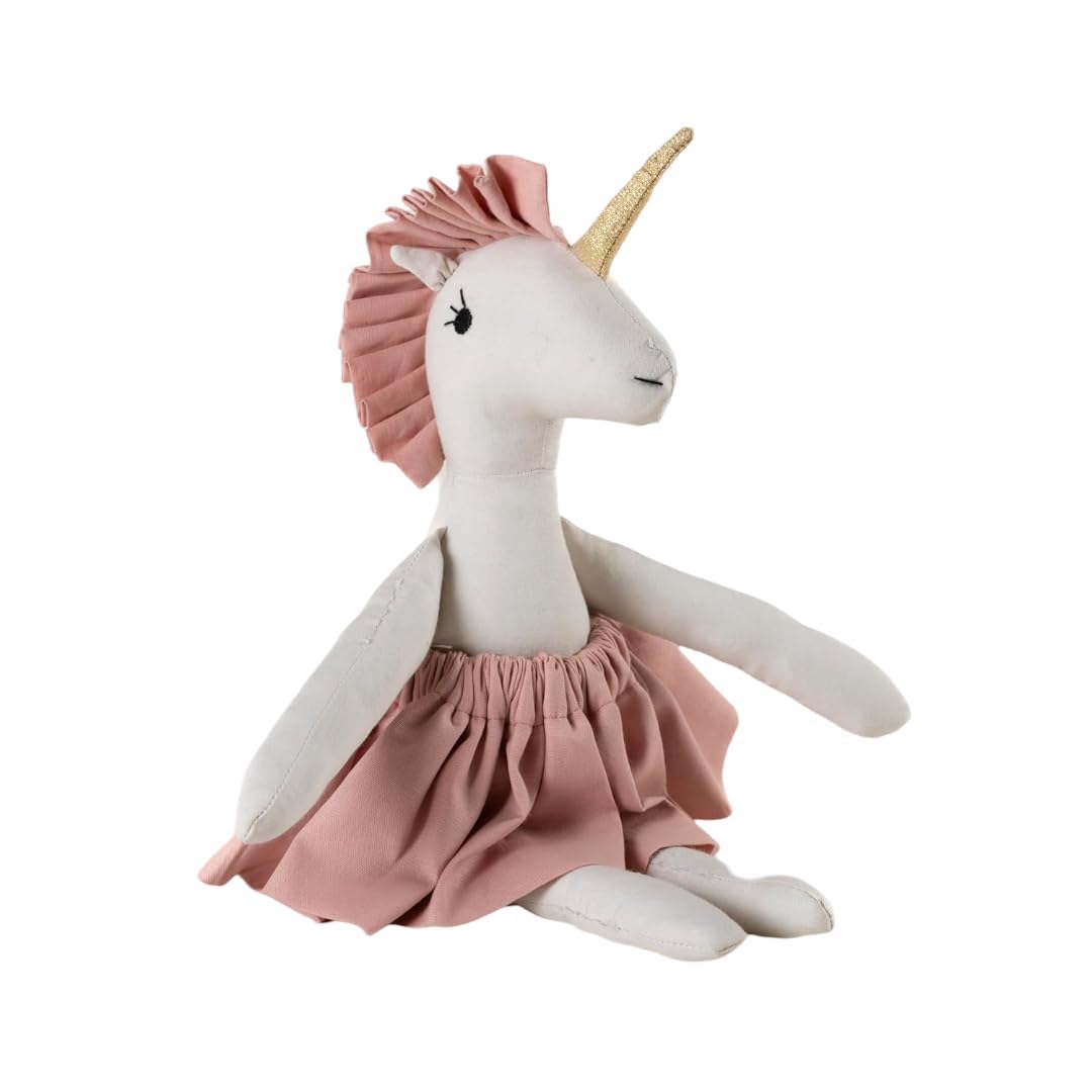 Mysteria Unicorn Plush Doll – Soft Cotton Toy in White with Pink Dress & Golden Horn, Perfect for Kids