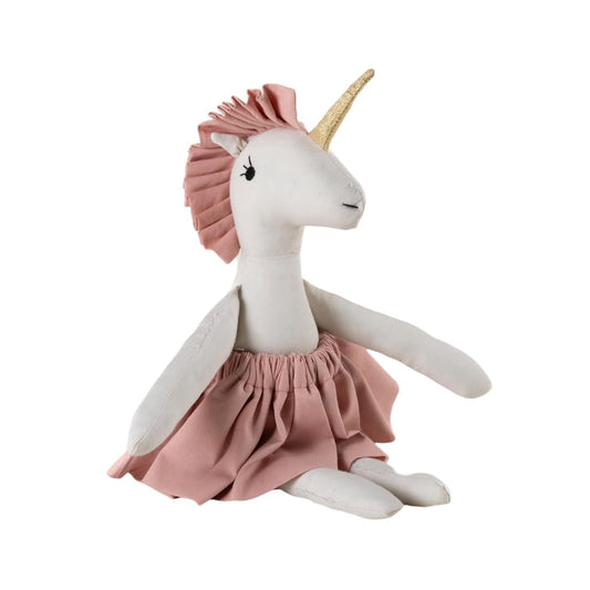 Mysteria Unicorn Plush Doll – Soft Cotton Toy in White with Pink Dress & Golden Horn, Perfect for Kids