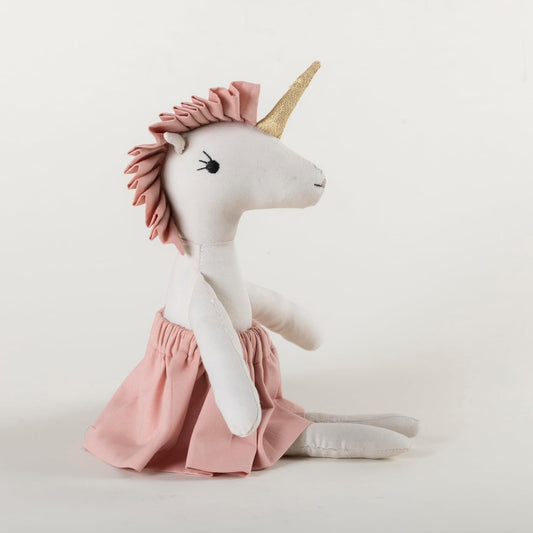 Mysteria Unicorn Plush Doll – Soft Cotton Toy in White with Pink Dress & Golden Horn, Perfect for Kids