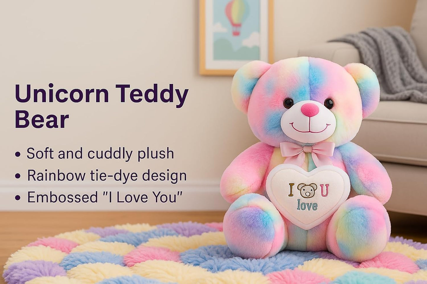 Snuggleo Cute Rainbow Teddy Bear with Heart – Soft, Huggable Plush Toy for Kids & Special Occasions