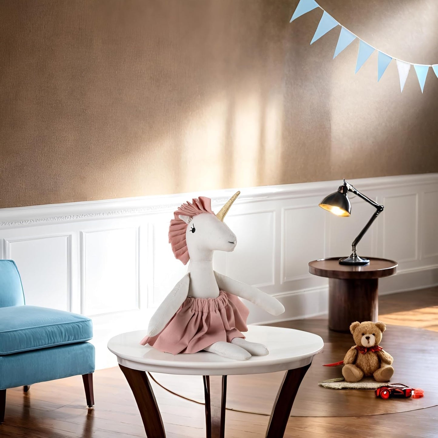 Mysteria Unicorn Plush Doll – Soft Cotton Toy in White with Pink Dress & Golden Horn, Perfect for Kids