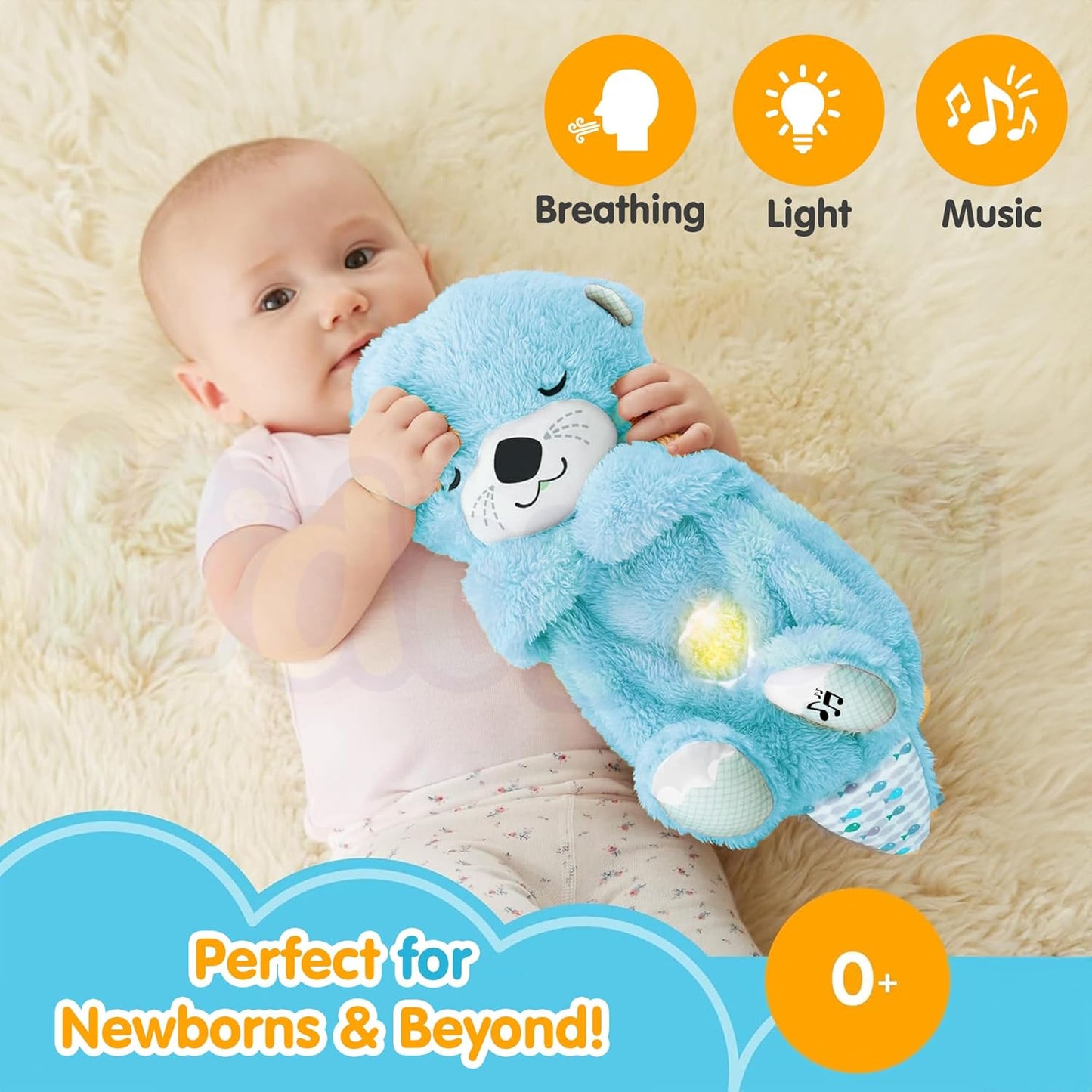 Kidorra Breathing Teddy Bear with Music & Lights – Soft Sensory Toy for Newborns, Light Blue
