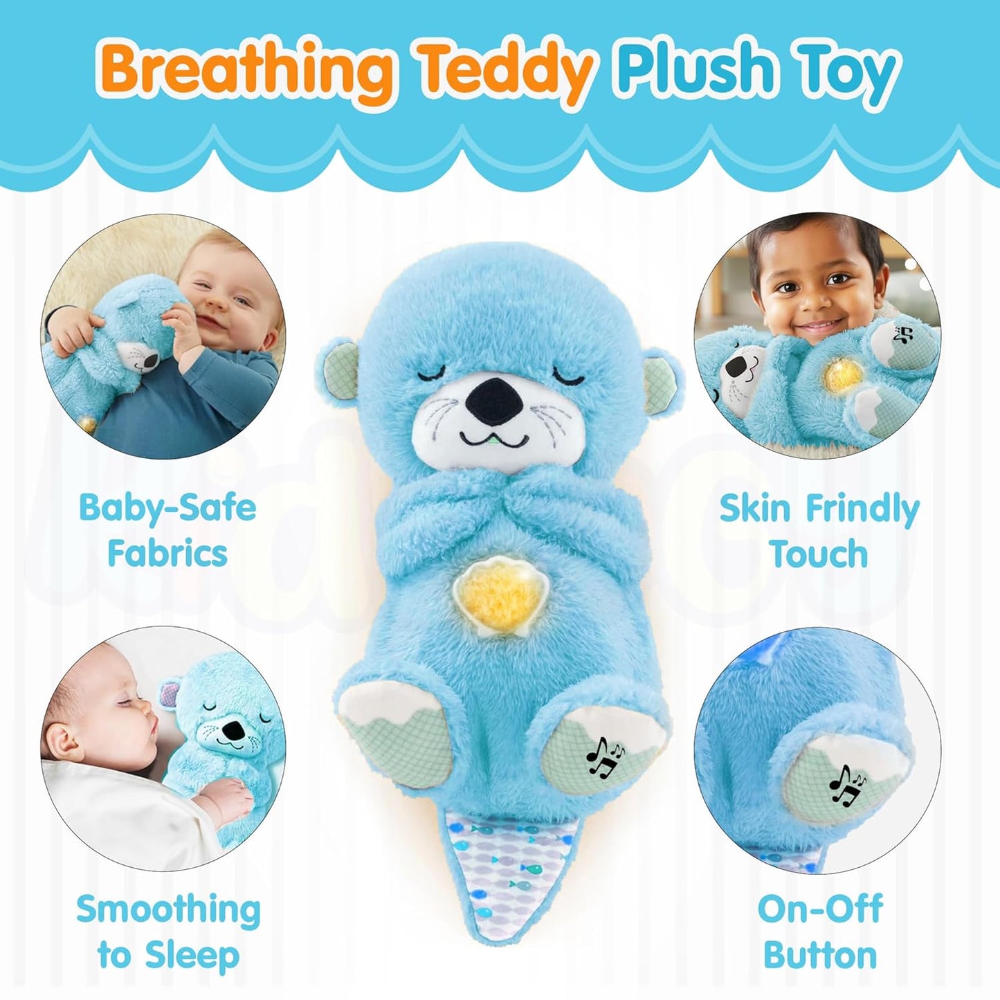 Kidorra Breathing Teddy Bear with Music & Lights – Soft Sensory Toy for Newborns, Light Blue